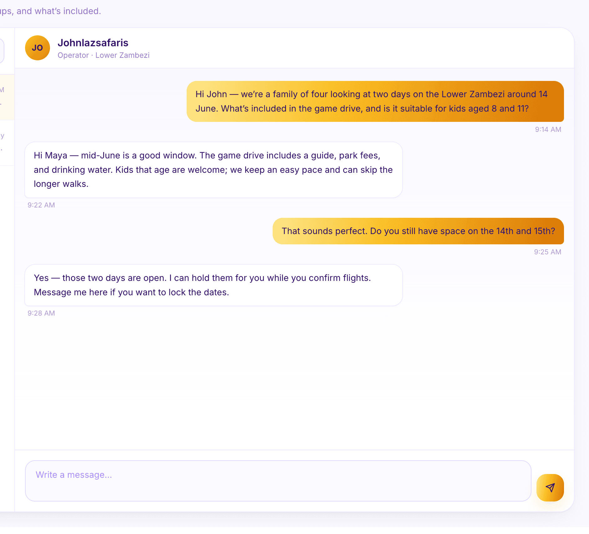 Traveler asking a guide about dates, group size, and what’s included, with the operator’s reply
