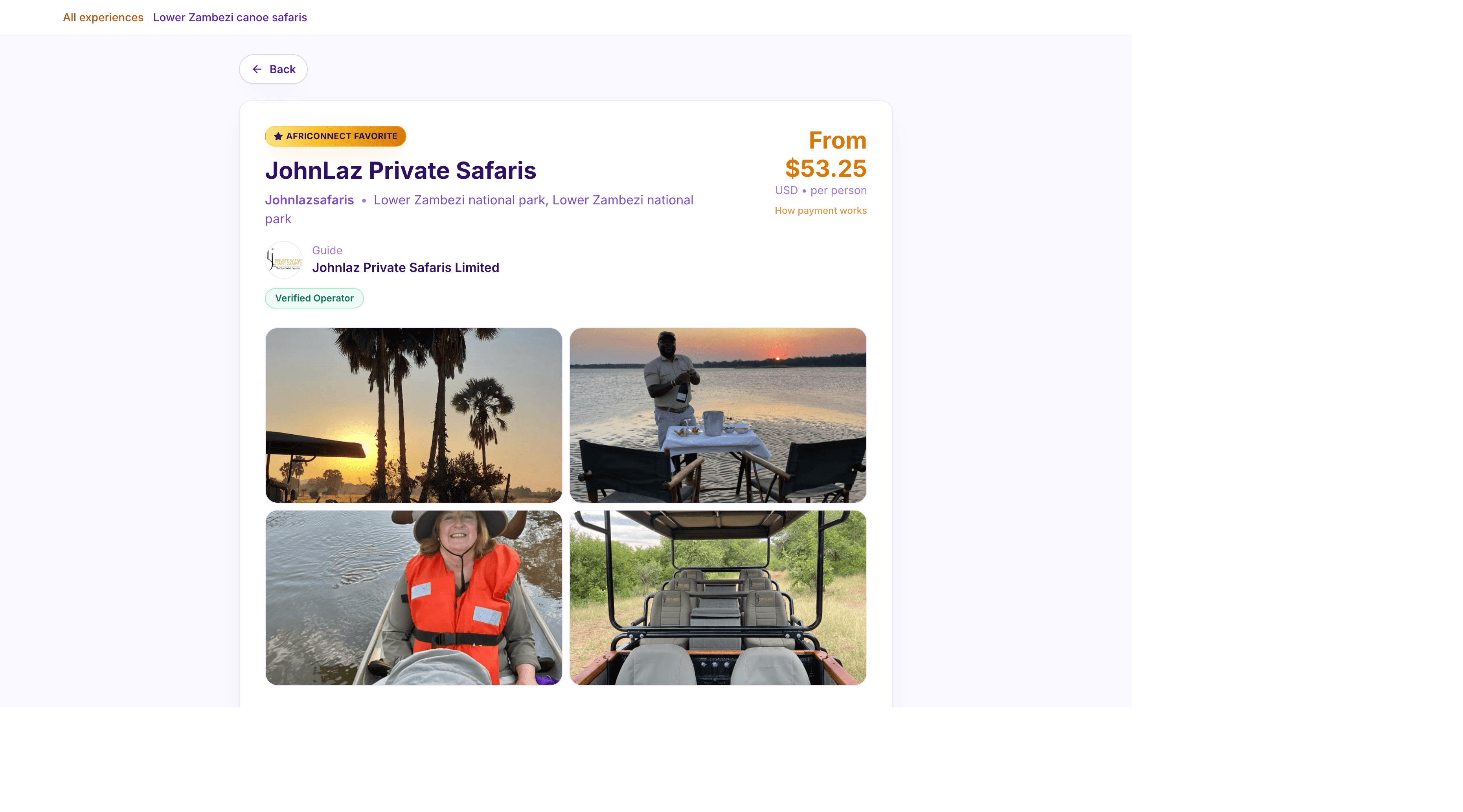 Live AFRICONNECT listing with photos, operator details, and prices