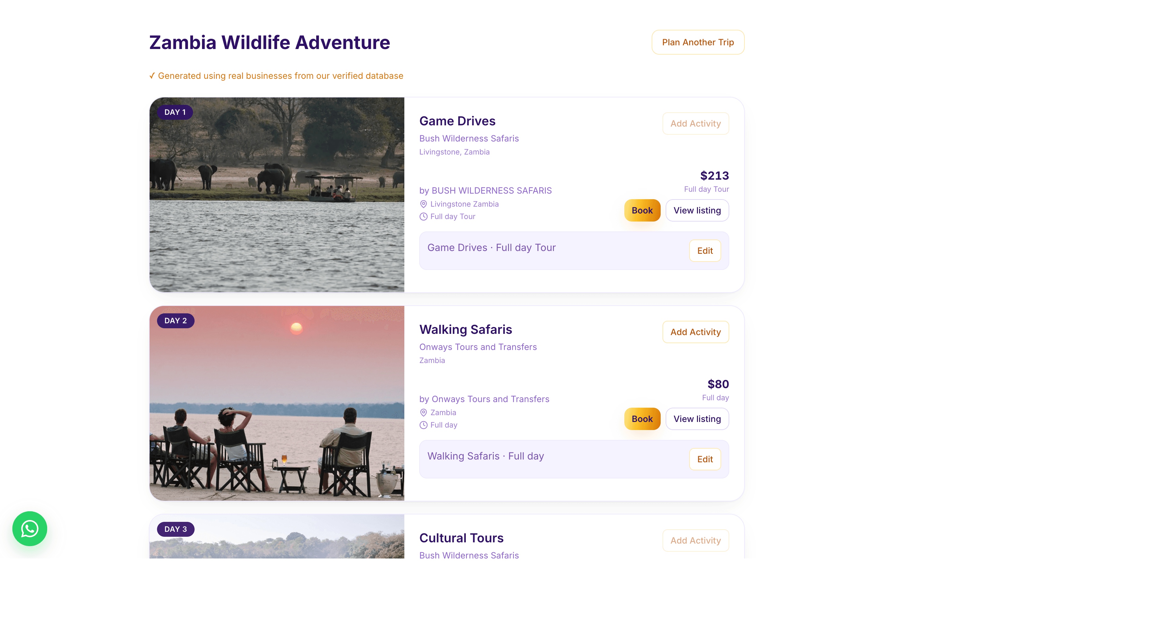 AI trip planner output showing a day-by-day route built from live AFRICONNECT listings